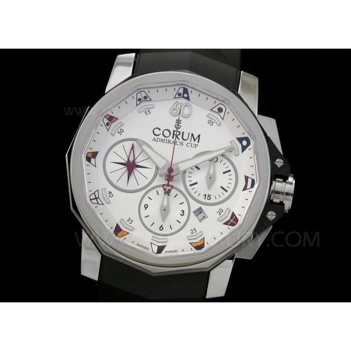 Replika Corum Admirals Cup Chronograph Klockor White Dial Black Rubber Strap 44mm SCO012